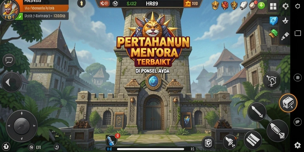 Tangkapan layar HR89 dengan gameplay menara pertahanan yang intens.