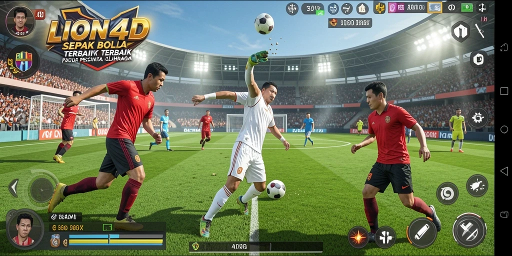Screenshot gameplay LION4D yang menampilkan adegan pertandingan sepak bola yang seru.