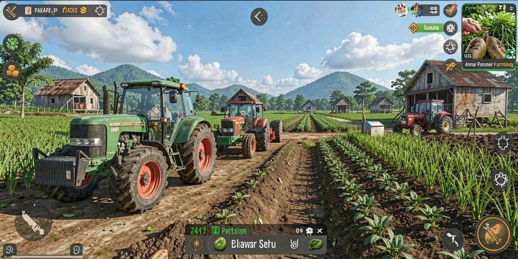 Screenshot menunjukkan gameplay PAKARJP dengan ladang subur dan hewan ternak.